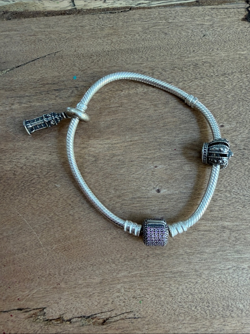 Pandora Sterling Silver Signature Clasp Charm Bracelet Fancy Purple Bracelet